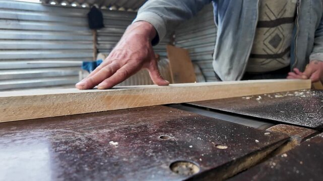 Close-Up of Carpenter Using a Jointer Planer Machine. A professional woodworker processes a pine plank on an industrial surface planer. This shot captures manual labor, craftsmanship