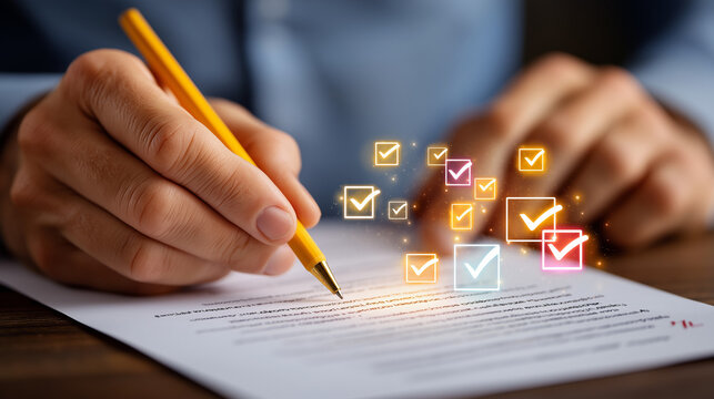Completing the Task: A close-up shot of a hand meticulously writing on a document, surrounded by a subtle, almost ethereal display of checkmarks, highlighting completion and validation.