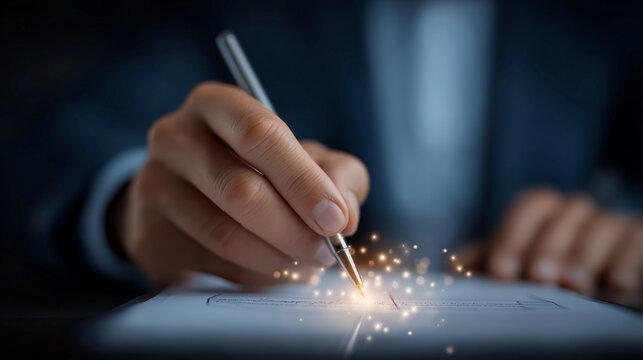 Signature of Success: A close-up shot captures the hand of an individual, expertly signing a crucial document, with sparks igniting from the pen, symbolizing the inception of a bright future.