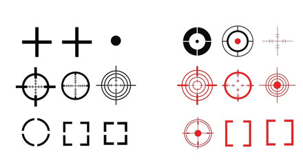 Various targeting reticles and crosshairs displayed in black and red silhouette