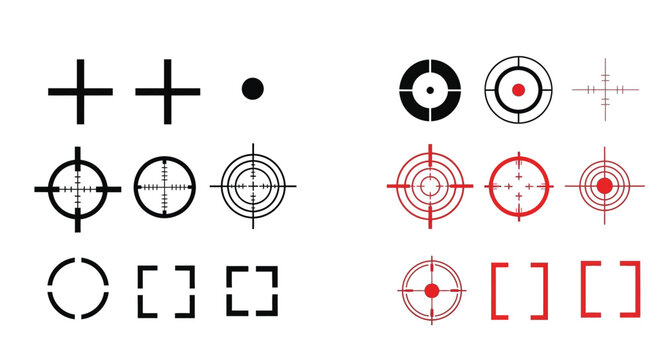 Various targeting reticles and crosshairs displayed in black and red silhouette