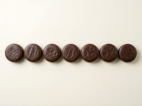 A line of chocolate covered oreos arranged in a perfect horizontal row on a clean light cream background captures this delicious chocolate covered oreo snack