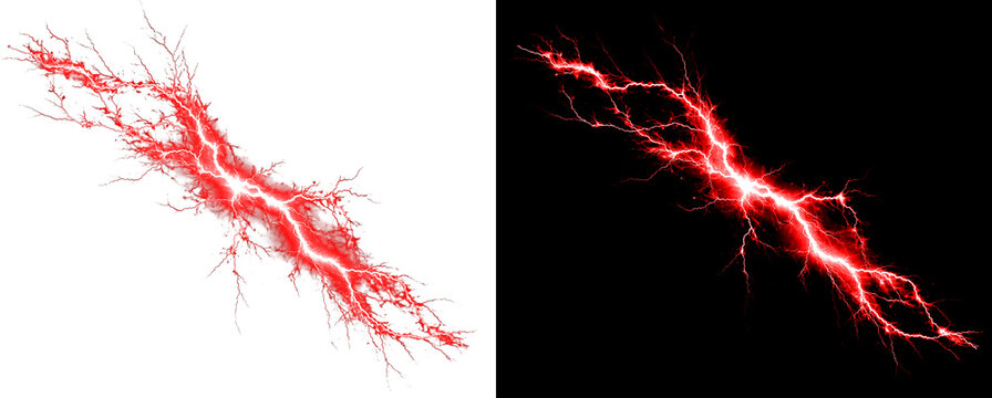 Red lightning bolt, electrical discharge, energy arc, realistic vector effect.