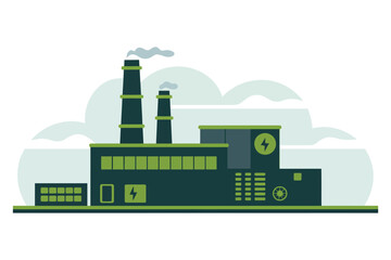 Obraz premium Modern green factory building for sustainable industrial production with electricity symbol and smoke stacks eco friendly energy facility