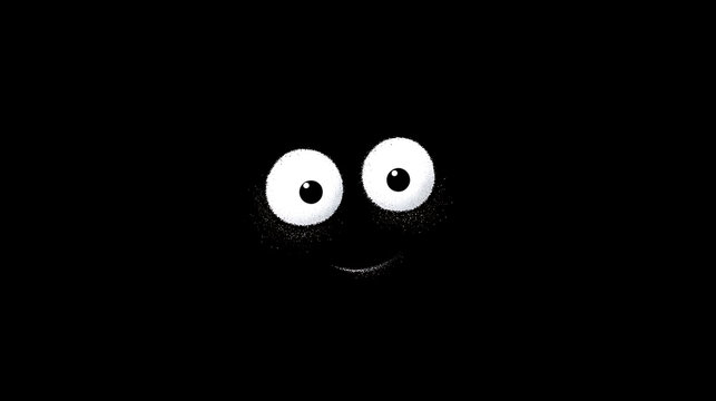A pair of cartoon eyes with a smile on a black background looking happy and playful with white eyes