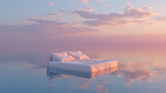 A serene and peaceful scene of a bed floating on calm water at sunset with a beautiful sky