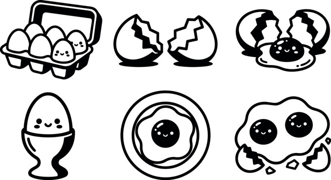 Black and white cute eggs and fried egg faces vector art