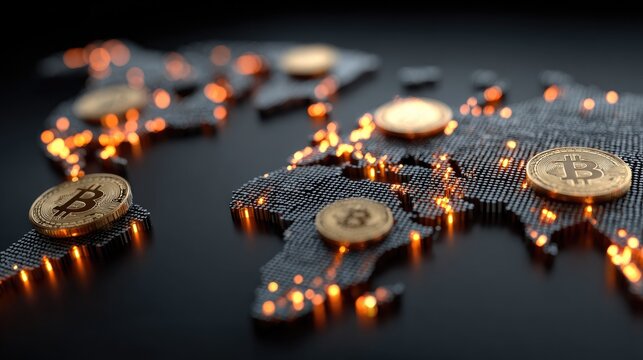 Global Cryptocurrency Network Concept Featuring Bitcoin Coins on a Digital World Map with Glowing Lights in the Background
