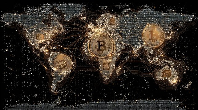 Global Cryptocurrency Network with Bitcoin Symbols and Digital Connections Across World Map