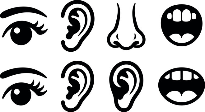 Black and white human facial features icons with eyes ears noses and mouths