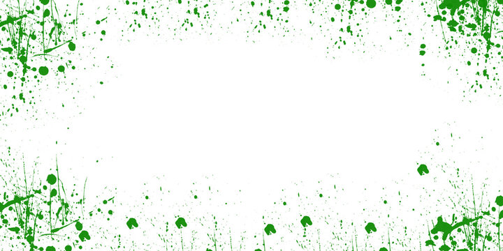 Neon green paint splatter frame on black background with abstract grunge texture and ink spray pattern