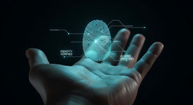 Biometric fingerprint scan on open palm, identity verified, access granted, secure authentication, futuristic hologram.