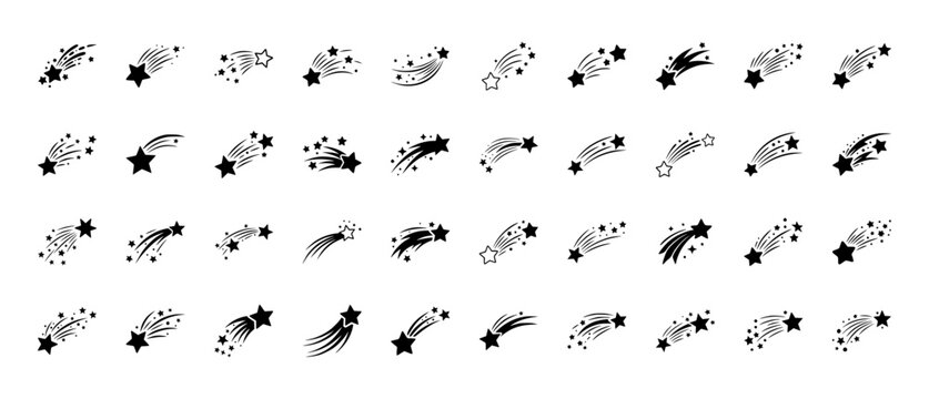 Set of shooting star silhouettes and comet icons, falling stars with tail sparks and celestial magic elements vector illustration.