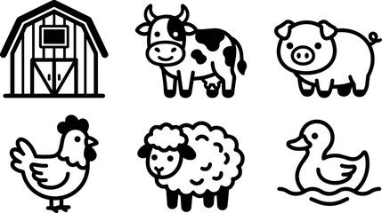 Obraz premium Black and white farm animals and barn vector icons set