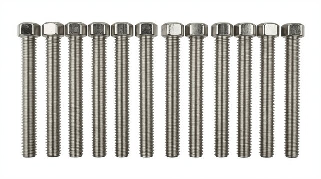 A collection of twelve identical silver metal hex head bolts arranged in a straight horizontal line isolated on white background