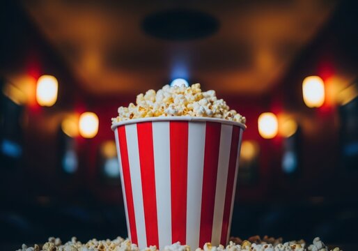 A red and white striped popcorn bucket in a dark movie theater with blurred lights