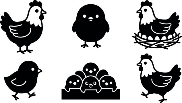 Black and white farm chicken and chick icons with eggs and nest