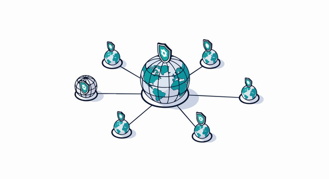 Isometric Global Cybersecurity Network Illustration with Protective Shields on Earth Globes for Data Privacy and Secure International Communication