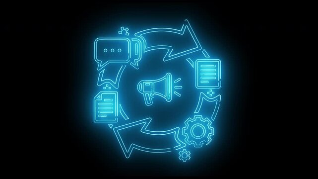 Neon blue flowchart icons arranged in a circular pattern on a black background with glowing effect.
