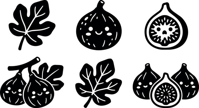 Black and white cute fig fruit and fig leaves vector art set