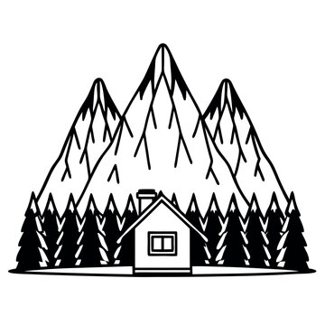 A mountain with a tiny cabin line-art 