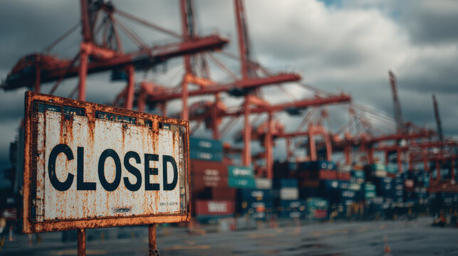Rusty closed sign at port shows supply chain disruption with container cranes and cargo boxes under cloudy sky