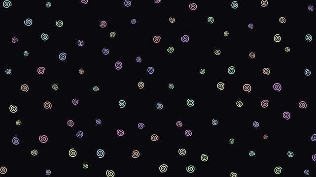 Animated Seamless Loop Pattern Of Drifting Multicolored Spiral Swirl Symbols On A Black Background, 4K
