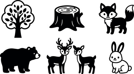 Obraz premium Black and white forest animals tree stump and tree vector art