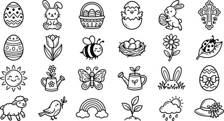 Fototapeta premium Assortment of hand-drawn easter and spring nature elements and animals outline icons with watering can