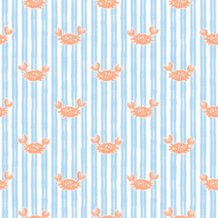 Hand drawn seamless pastel marine pattern with crab, playful ocean themed boho background with soft blue stripes and bright red crabs © Nataliia
