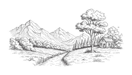Obraz premium Hand drawn of a rustic cabin nestled amongst trees with mountains and a stream vintage