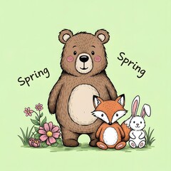 Obraz premium Adorable Spring Companions Bear, Fox, and Bunny Friends Celebrate the Season with Flowers