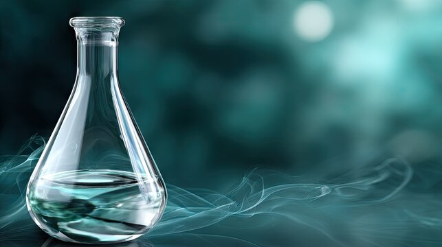 Science experiment setup featuring an erlenmeyer flask with smoke on a blue background for laboratory studies and chemical testing