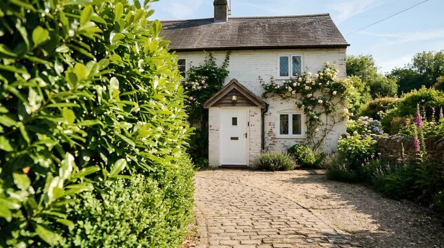 Charming White Stone Cottage with Lush Greenery and Stone Pathway in Daytime Sunlight