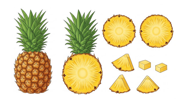 Pineapple Set Whole Half and Slices Fresh Fruit Vector Illustration