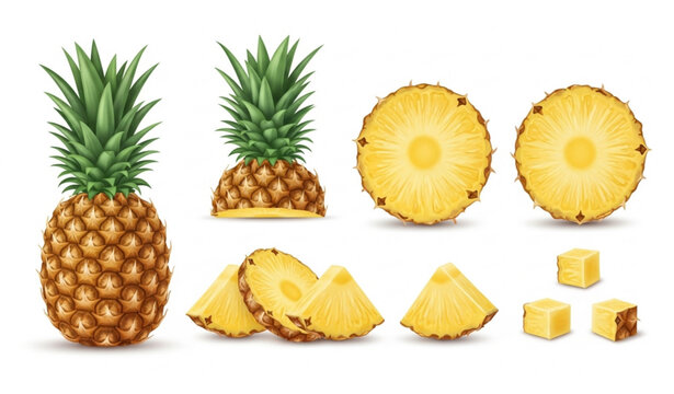 Pineapple Set Whole Half and Slices Fresh Fruit Vector Illustration
