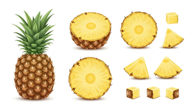 Pineapple Set Whole Half and Slices Fresh Fruit Vector Illustration