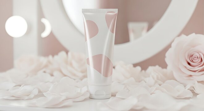 Elegant cosmetic cream tube with delicate rose petals and soft lighting, presented on a vanity with mirror reflections, exuding beauty and luxury.