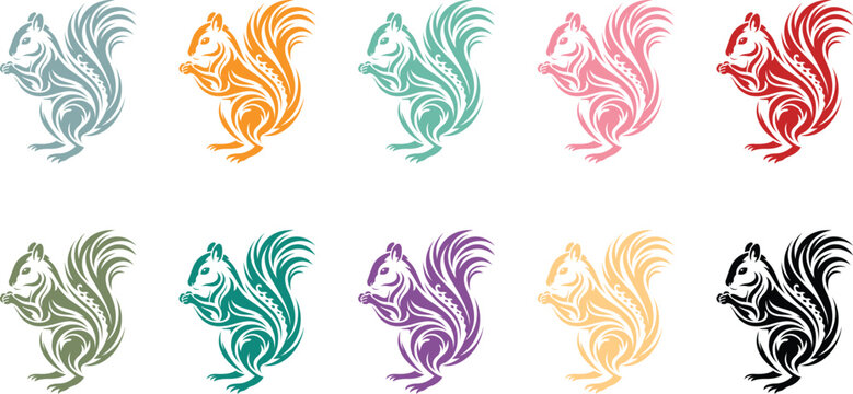 Colorful Tribal Squirrel Collection Bright Pastel Animal Vector Set, Stylized Tribal Squirrels Decorative Pattern Cute Wildlife Illustration