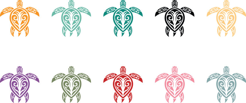 Decorative Tribal Sea Turtle Collection Symmetrical Colorful Pattern Set, Tribal Sea Turtle Vector Design Ocean Animal Decorative Artwork