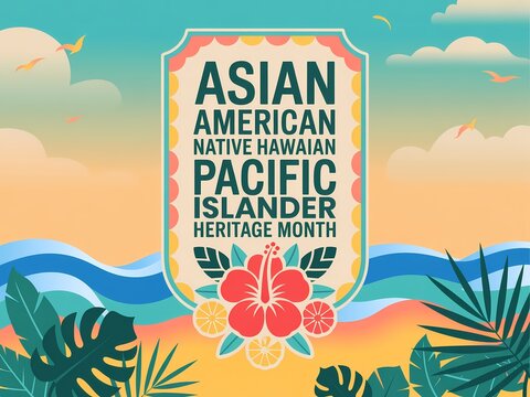 Asian american native hawaiian pacific islander heritage month celebration poster with tropical hibiscus flower and palm leaves