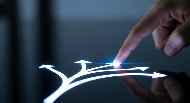 Hand pointing to branching arrows decision concept isolated on transparent background