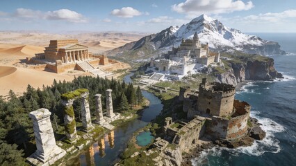 Obraz premium Ancient ruins on a cliffside overlooking the ocean with a snow-capped mountain