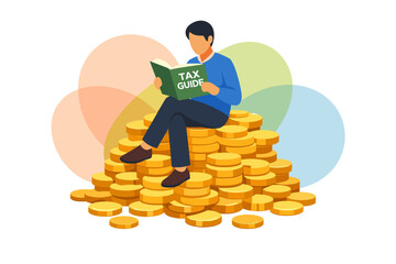 Man Sitting on Pile of Gold Coins Reading Tax Guide Book. © nasyih