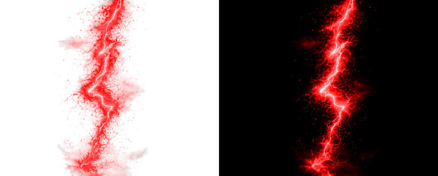 Vertical red lightning strike on transparent and black background layers.