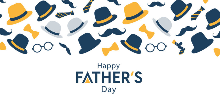 Happy Father's Day greeting card banner featuring a playful pattern of gentleman accessories like hats, mustaches, bow ties, and glasses on a white background.
