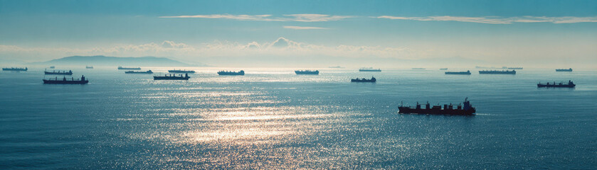 Cargo ship supply chain disruption at sea with many container vessels waiting under cloudy sky and distant island horizon