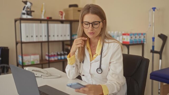 Woman doctor holding smartphone, touching chin in clinic building while checking messages and laptop; telemedicine fatigue.