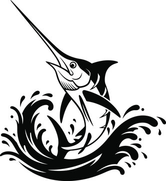 Stylized black and white marlin leaping out of crashing ocean waves in dynamic motion