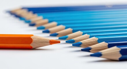 Obraz premium Orange Pencil and Blue Pencils, White Background, Uniqueness Concept